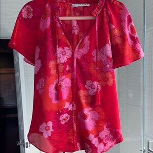 Trina Turk Red Flutter Sleeve Blouse with Tie Front